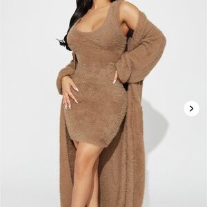 Cozy Brown Fuzzy Dress and Cardigan Set